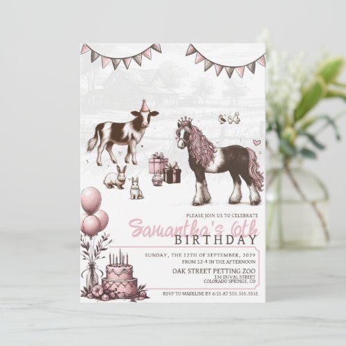 Pink Petting Zoo Birthday Party Invitation