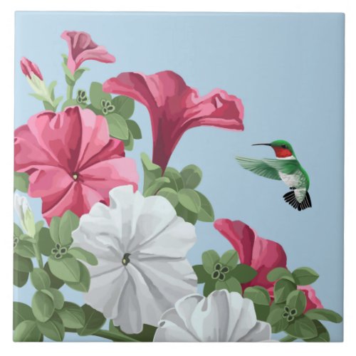 Pink Petunia Flowers and Hummingbird Ceramic Tile