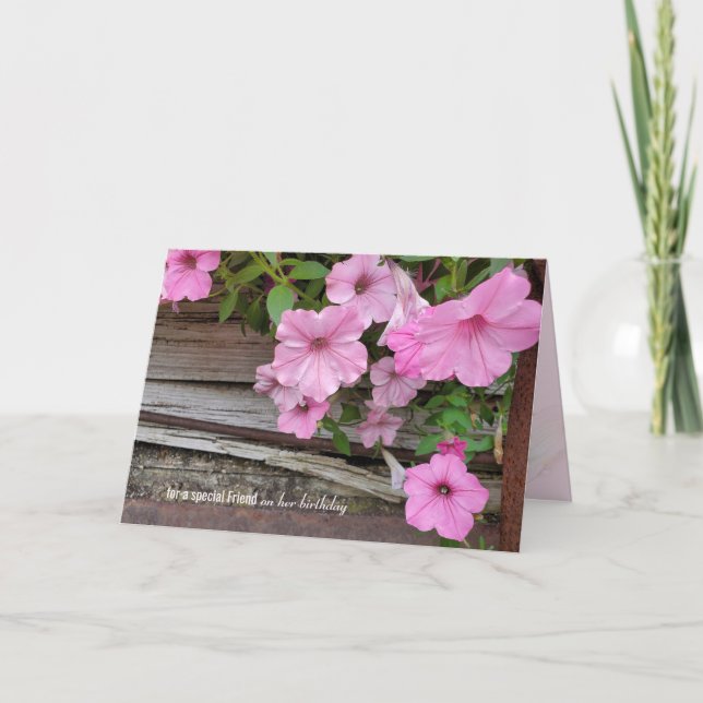 pink petunia on wood for Friend's birthday Card (Front)
