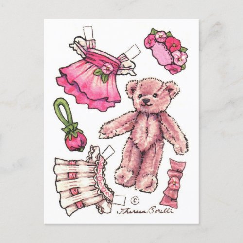 Pink Petunia Teddy Bear Paper Doll cute Postcard