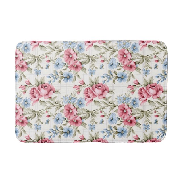 Pink Petunias and Sky Blue Daisies  Bath Mat (Front)