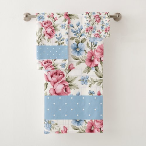 Pink Petunias and Sky Blue Daisies   Bath Towel Set