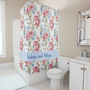 Pink Petunias and Sky Blue Daisies - Polka Dots Shower Curtain