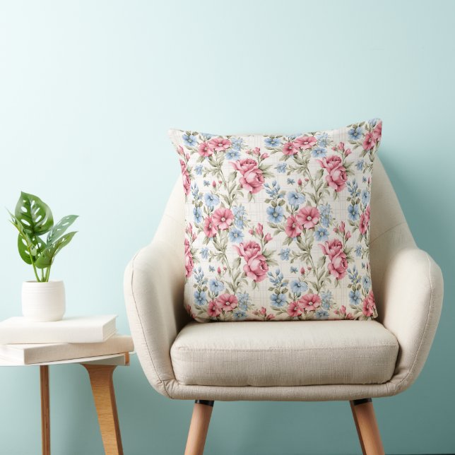 Pink Petunias and Sky Blue Daisies   Throw Pillow (Chair)