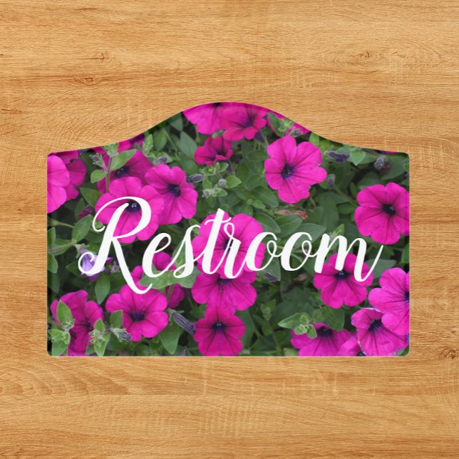 Pink Petunias Floral Restroom Door Sign (In Situ)