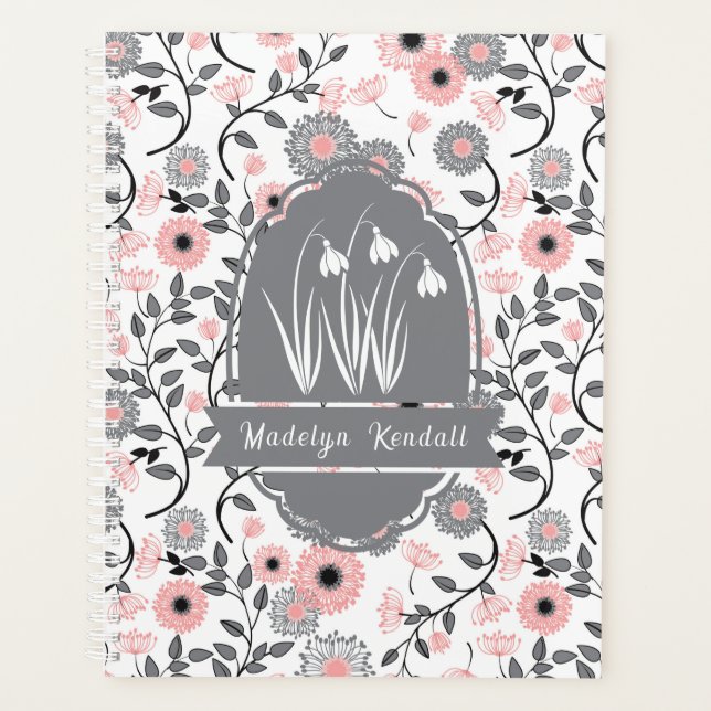 Pink & Pewter Laurentian Floral Custom Name Planner (Front)