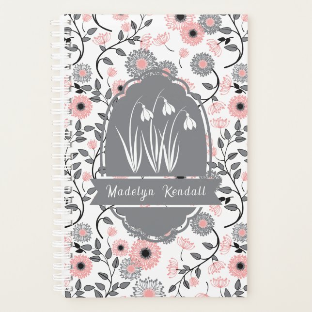 Pink & Pewter Laurentian Floral Custom Name Planner (Front)