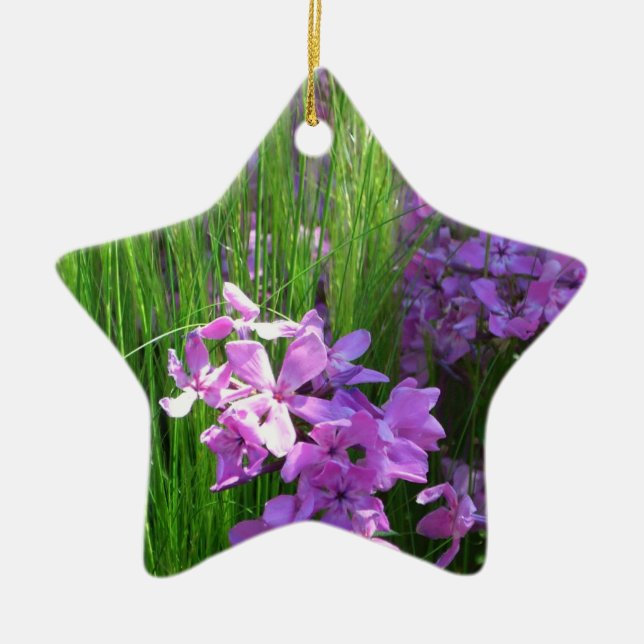 Pink Phlox and Grass Summer Floral Ceramic Ornament (Front)