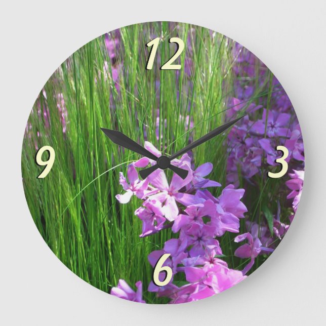 Pink Phlox and Grass Summer Floral Large Clock (Front)