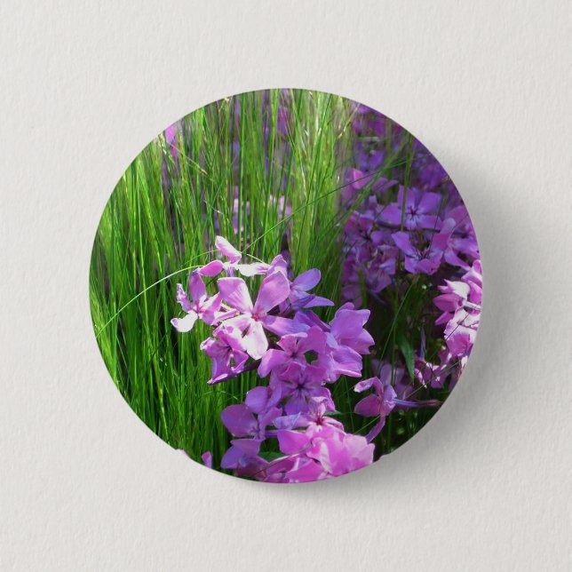Pink Phlox and Grass Summer Floral Pinback Button (Front)