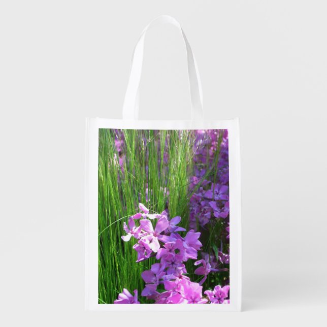 Pink Phlox and Grass Summer Floral Reusable Grocery Bag (Front)