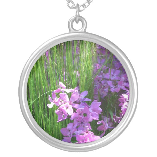 Pink Phlox and Grass Summer Floral Silver Plated Necklace (Front)
