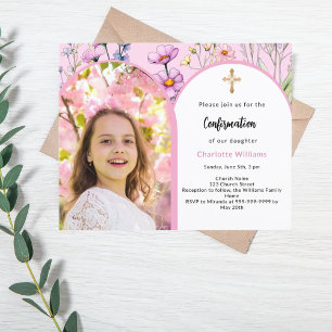 Pink photo arch florals Confirmation invitation