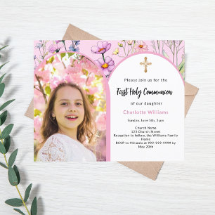 Pink photo arch florals First Communion invitation