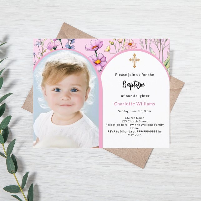 Pink photo arch florals girl Baptism invitation (Creator Uploaded)