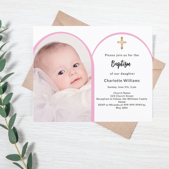 Pink photo arch girl cross Baptism invitation (Creator Uploaded)