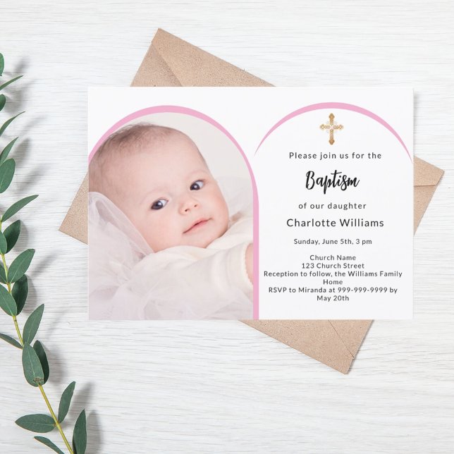 Pink photo arch girl cross Baptism Invitation (Creator Uploaded)