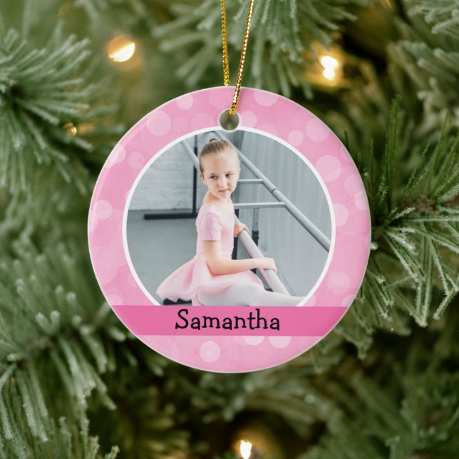 Pink Photo Ballet Dancer Bokeh Holiday Monogram Ceramic Ornament (Tree)