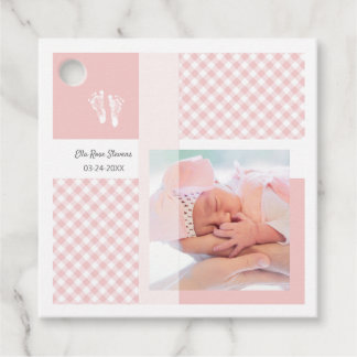 Pink Photo Birth Announcement Gingham Footprints Favor Tags