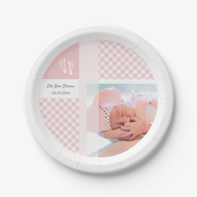 Pink Photo Birth Announcement Gingham Footprints Paper Plates (Front)