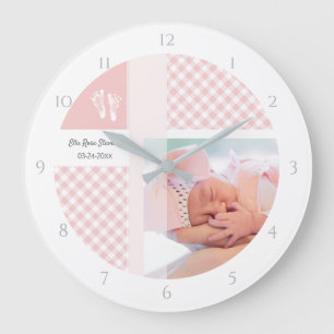 Pink Photo Birth Memento Gingham Footprints Large Clock