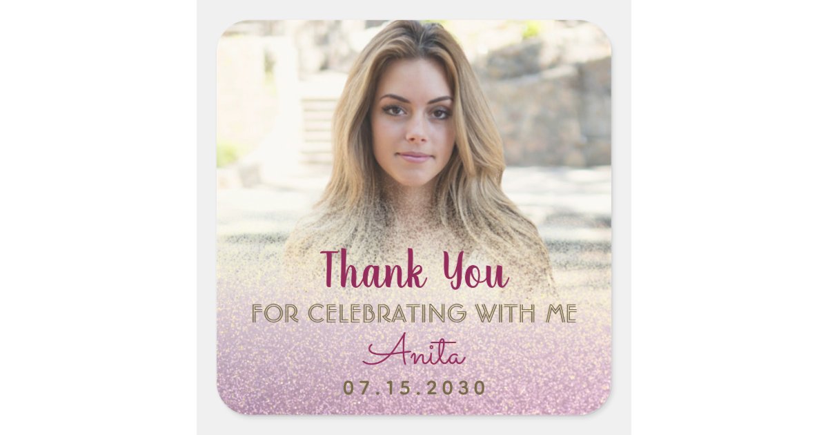 Pink Photo Birthday Thank You Square Sticker | Zazzle