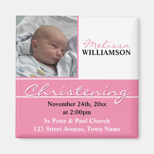 Pink Photo Christening or Baptism Invitation Magnet (Front)