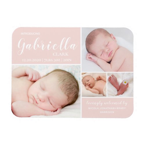 Pink Photo Collage Baby Girl Birth Announcement Magnet