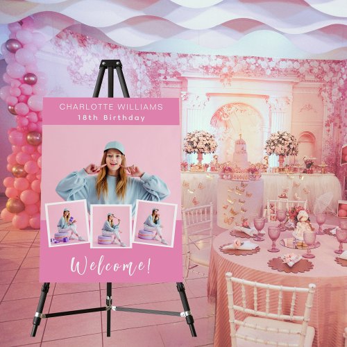 Pink photo collage birthday party welcome foam board