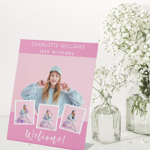 Pink photo collage birthday party welcome pedestal sign