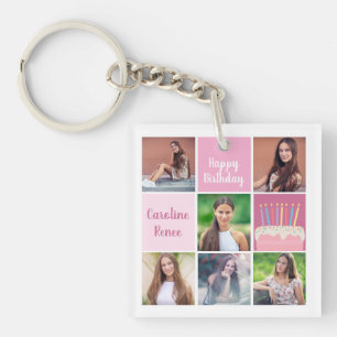 Pink Photo Collage Custom Girl's Birthday Party Keychain