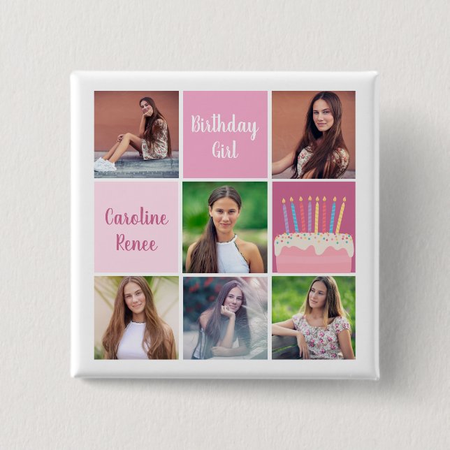Pink Photo Collage Custom Women's Birthday Party Button (Front)