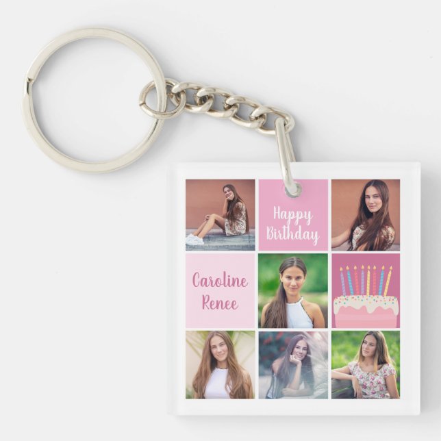 Pink Photo Collage Custom Women's Birthday Party Keychain (Front)