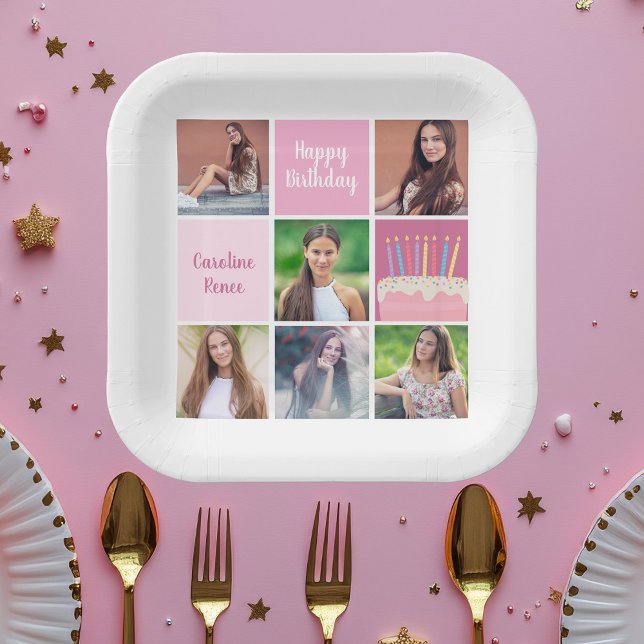 Pink Photo Collage Custom Women's Birthday Party Paper Plates (Creator Uploaded)