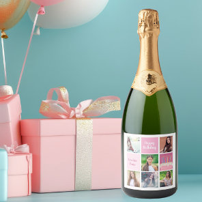 Pink Photo Collage Custom Women's Birthday Party Sparkling Wine Label