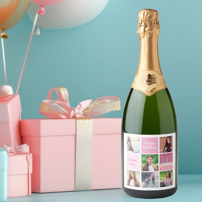 Pink Photo Collage Custom Women's Birthday Party Sparkling Wine Label (Creator Uploaded)