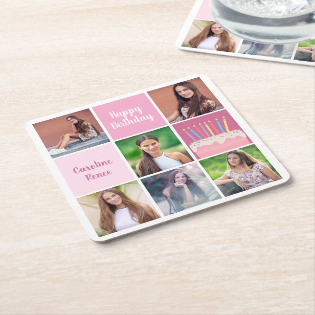Pink Photo Collage Custom Women's Birthday Party Square Paper Coaster (Angled)