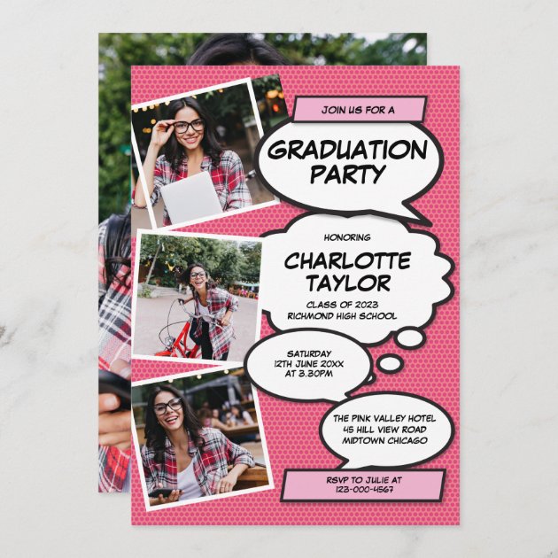 Pink Photo Collage Modern Fun Graduation Party Invitation | Zazzle