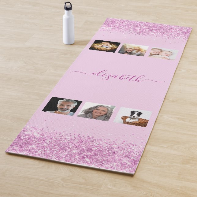 Pink photo collage name script yoga mat (In Situ)
