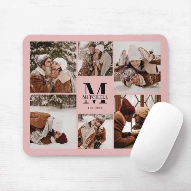 Pink Photo Collage Personalized Monogram Gift Mouse Pad (With Mouse)