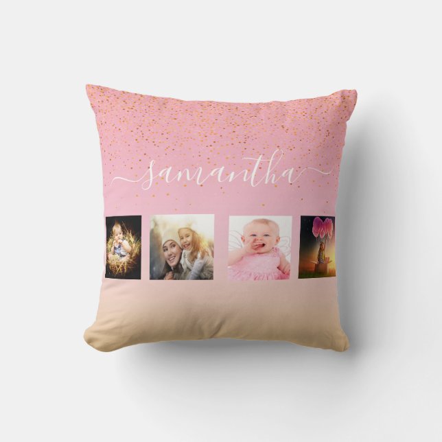 Pink photo collage rose gold monogram throw pillow (Front)