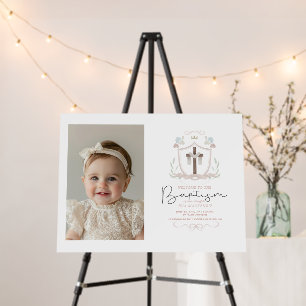 Pink photo cross first baptism welcome sign
