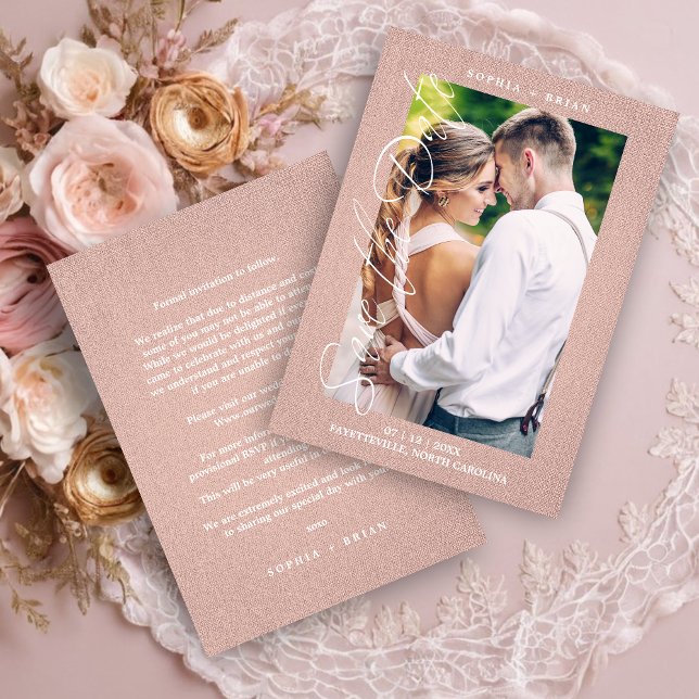Pink Photo Engaged Couple Textile Effect Script Save The Date (Pink Photo Engaged Couple Textile Effect Save the Date Card.)