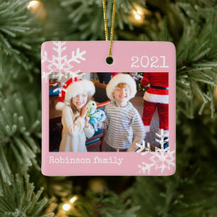 Pink Photo Family Christmas Snowflake Ceramic Ornament