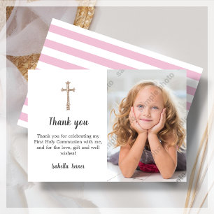 Pink Photo First Holy Communion Thank You Card