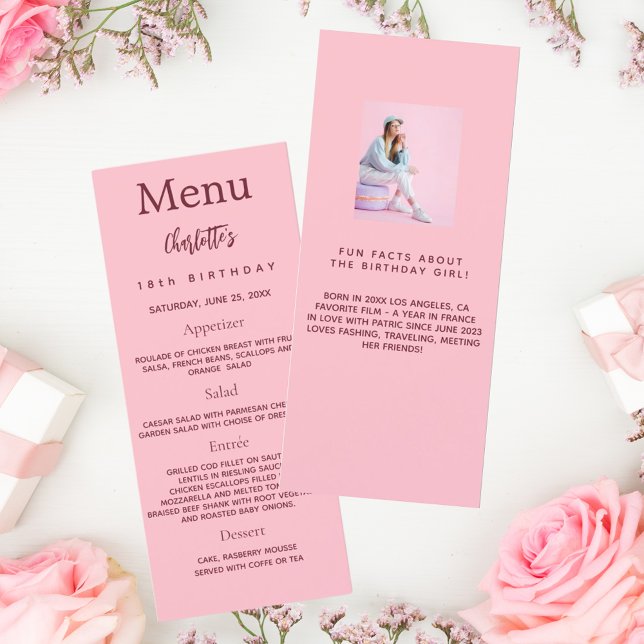 Pink photo fun facts birthday menu card (Creator Uploaded)