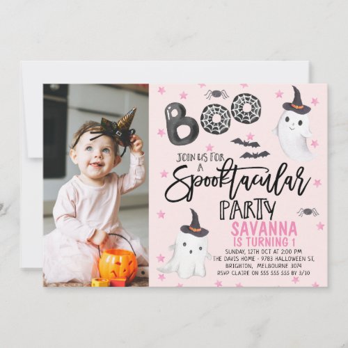 Pink Photo Ghost Spooktacular Halloween Birthday Invitation