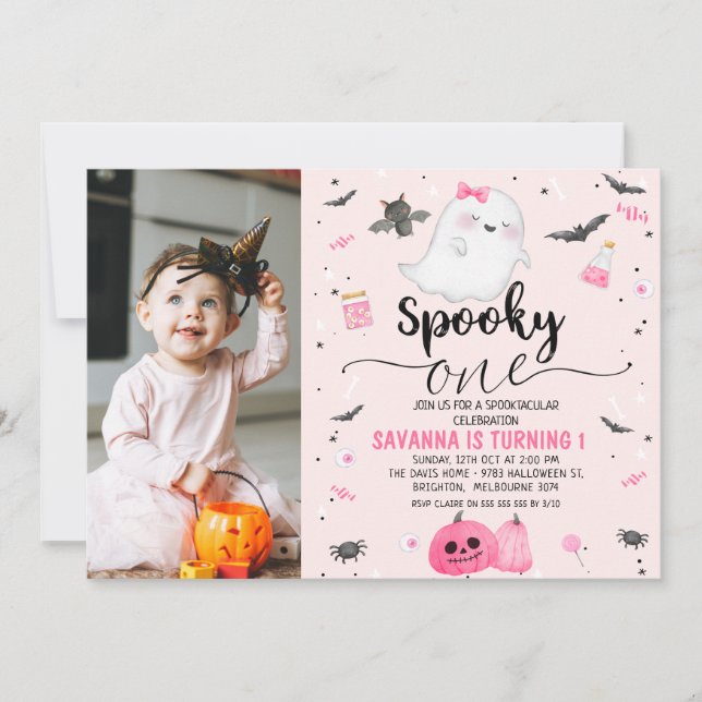 Pink Photo Ghost Spooky One Halloween 1st Birthday Invitation (Front)