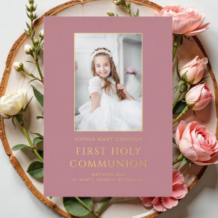 Pink Photo Girl First Holy Communion Gold  Foil Invitation