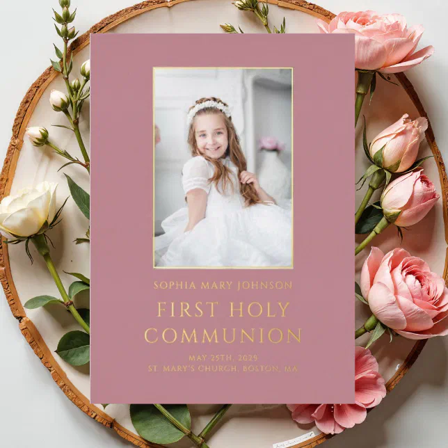 Pink Photo Girl First Holy Communion Gold Foil Invitation | Zazzle